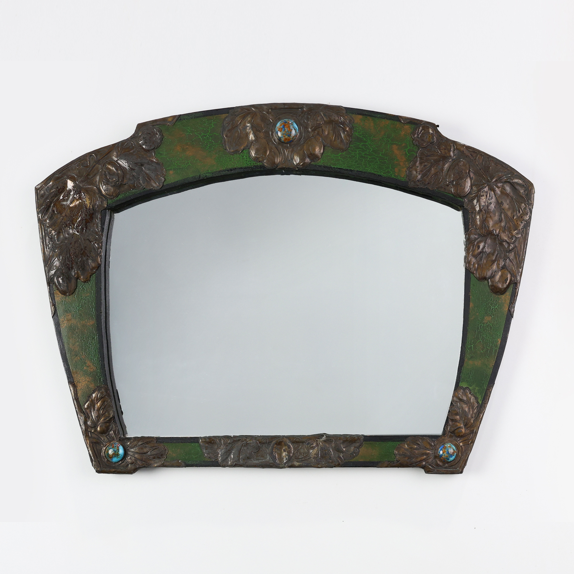 Arts & Crafts Mirror in green metal with glass decoration, France ca. 1905 -img